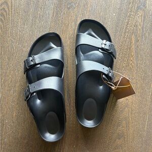 Women's Black Double-Buckle Slide Sandals